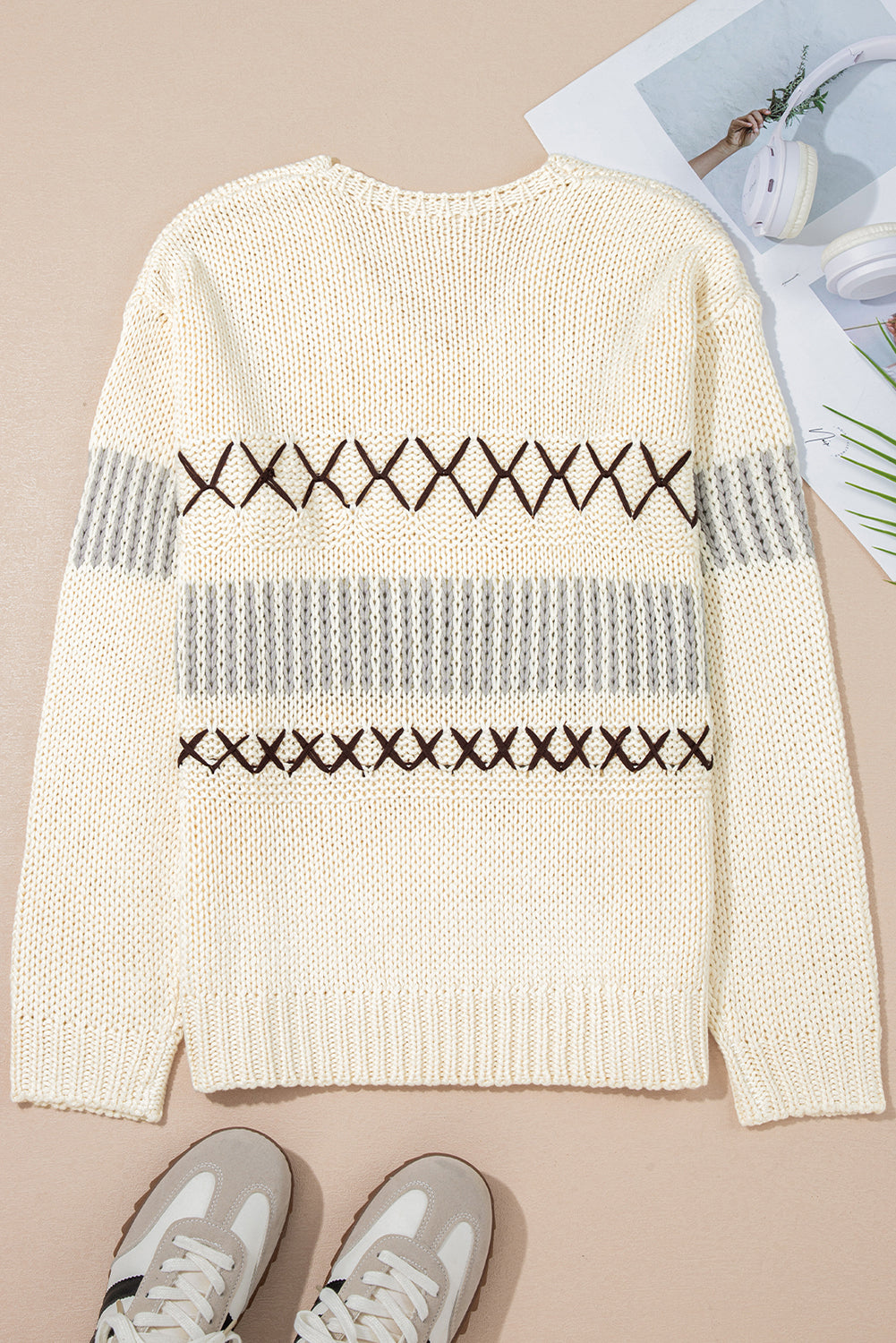 Geo Stitching Oatmeal Loose Knit Sweater