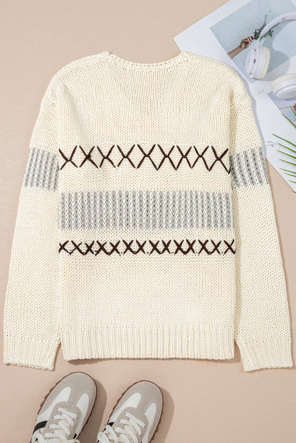 Geo Stitching Oatmeal Loose Knit Sweater