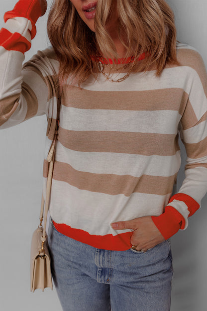 Colorblock Striped Round Neck Drop Shoulder Sweater