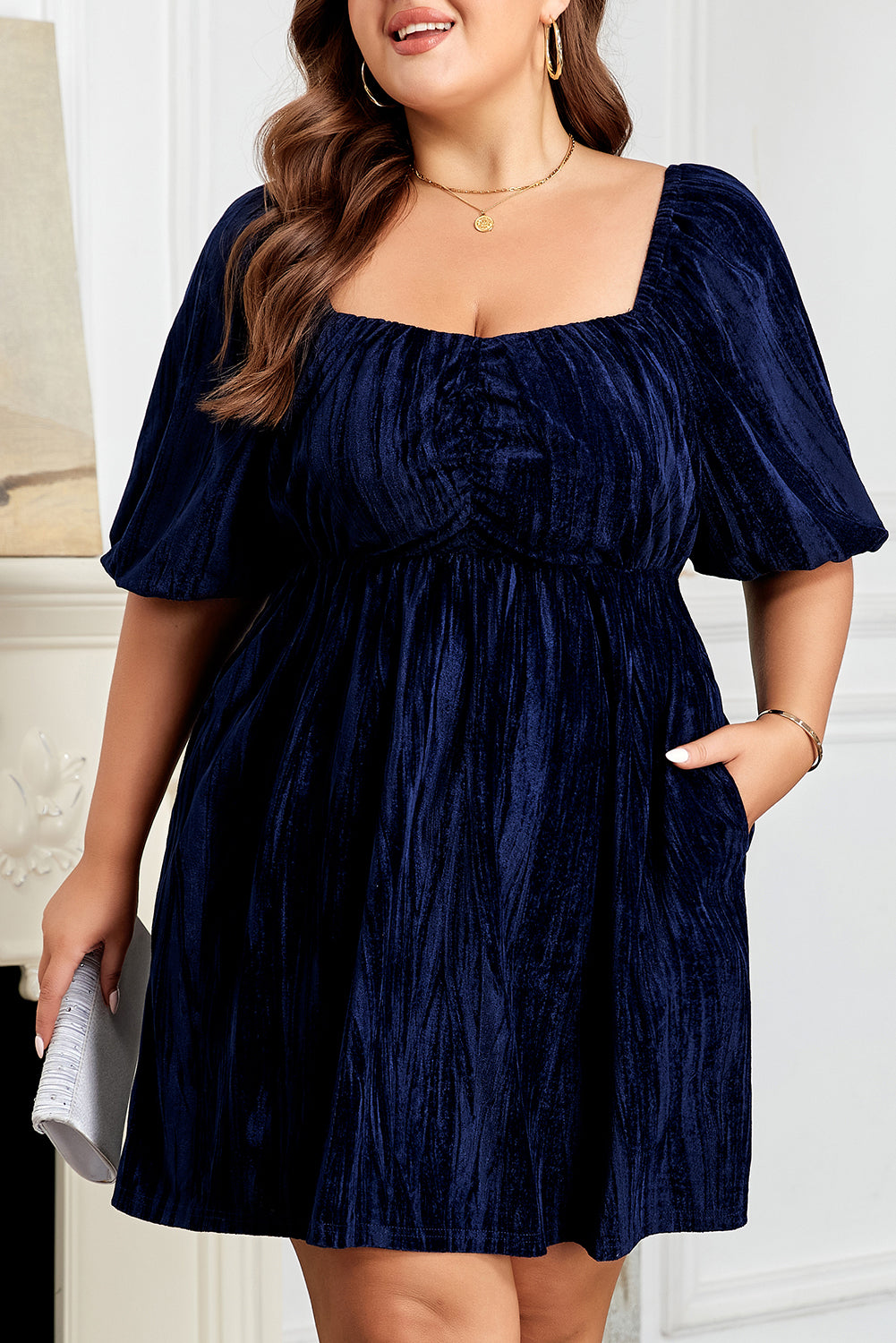 Curvy Meghan Velvet Square Neck Puff Sleeve Dress