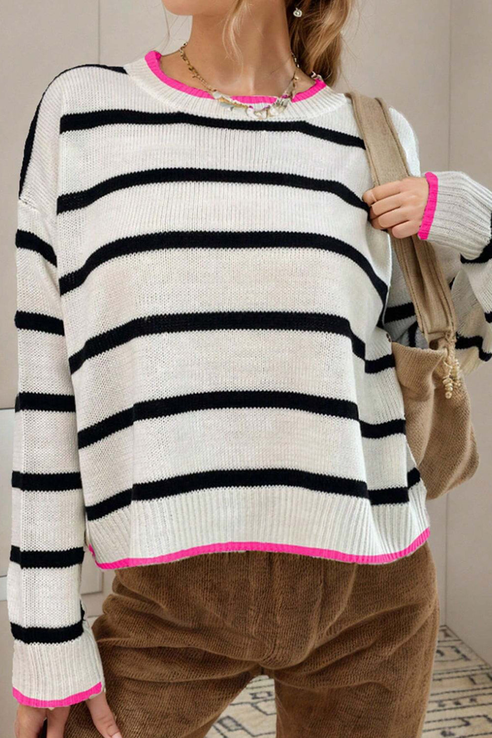 Roni Striped Contrast Trim Drop Shoulder Sweater