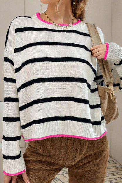 Roni Striped Contrast Trim Drop Shoulder Sweater