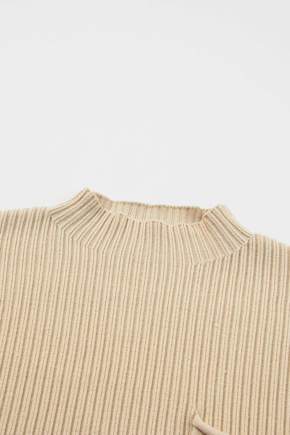 Front Patch Pocket Ribbed Knit Short Sleeve Sweater