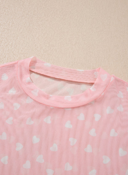 Lovely Heart Print Mesh Short Sleeve Top