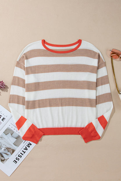 Colorblock Striped Round Neck Drop Shoulder Sweater