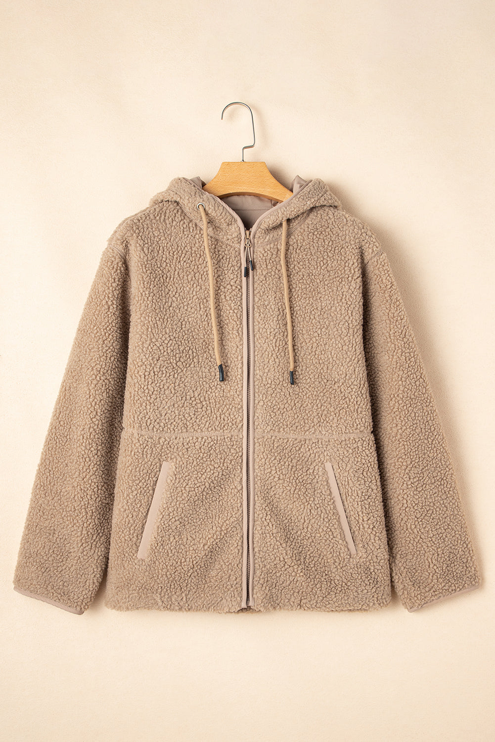 Teddy Fleece Zip Up Drawstring Hooded Jacket