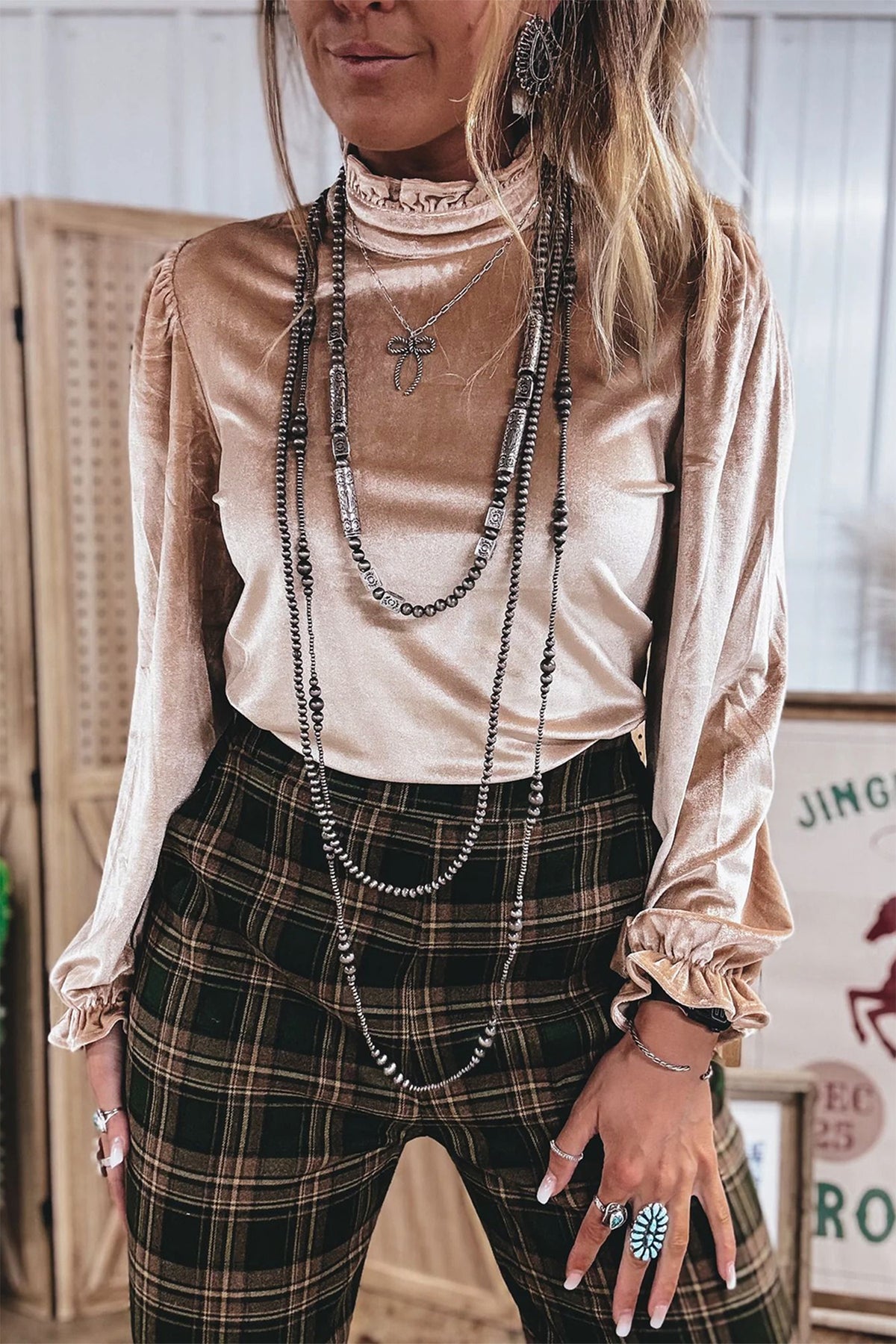 Miranda Frill Trim High Neck Velvet Top