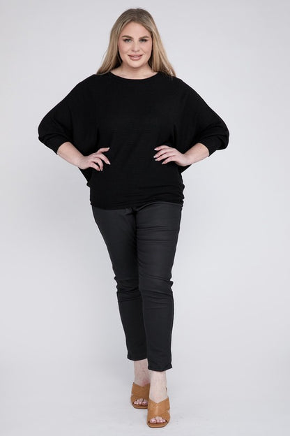 Curvy Ribbed Batwing Long Sleeve Boat Neck Sweater