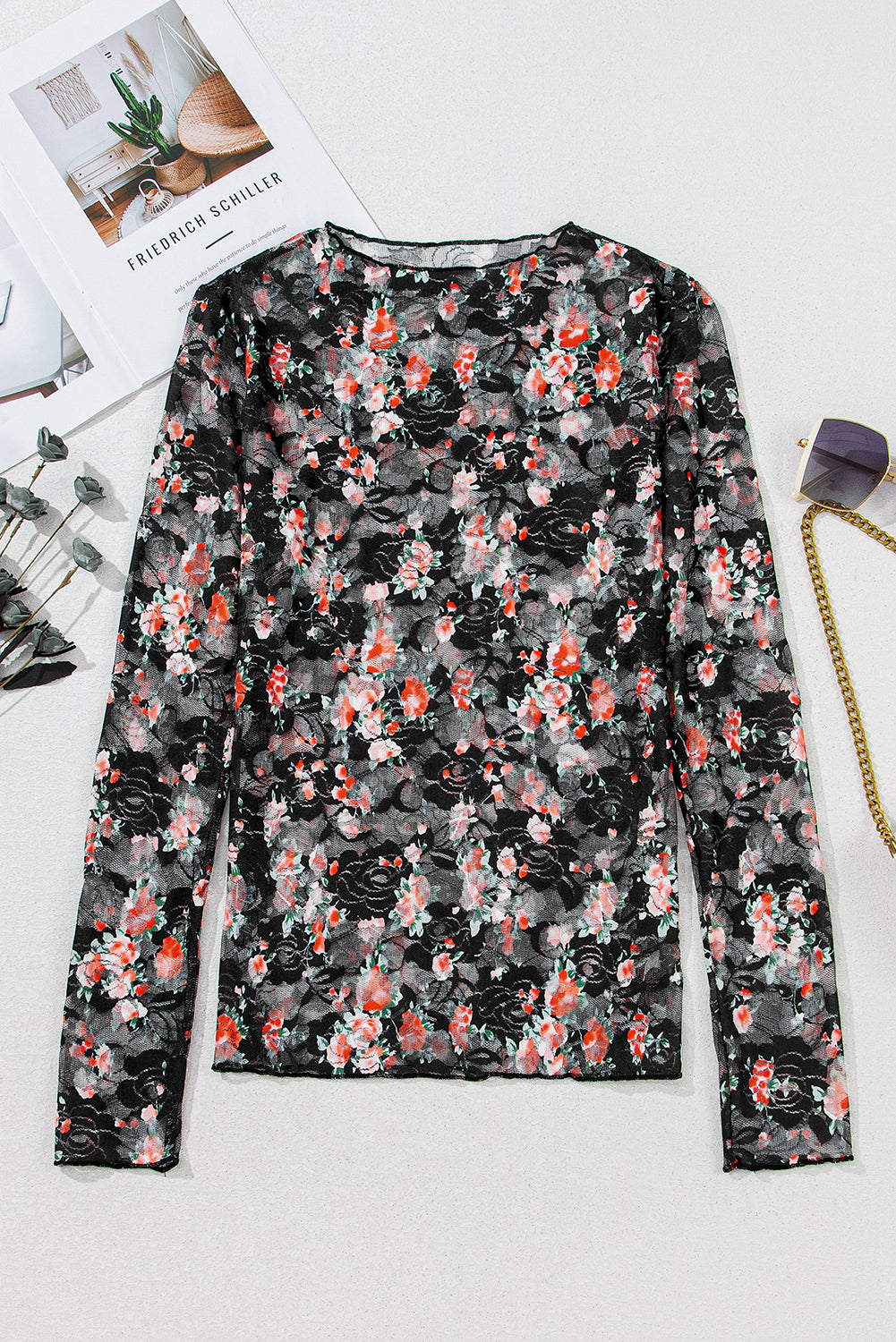 Black Floral Mesh Sheer Long Sleeve Top