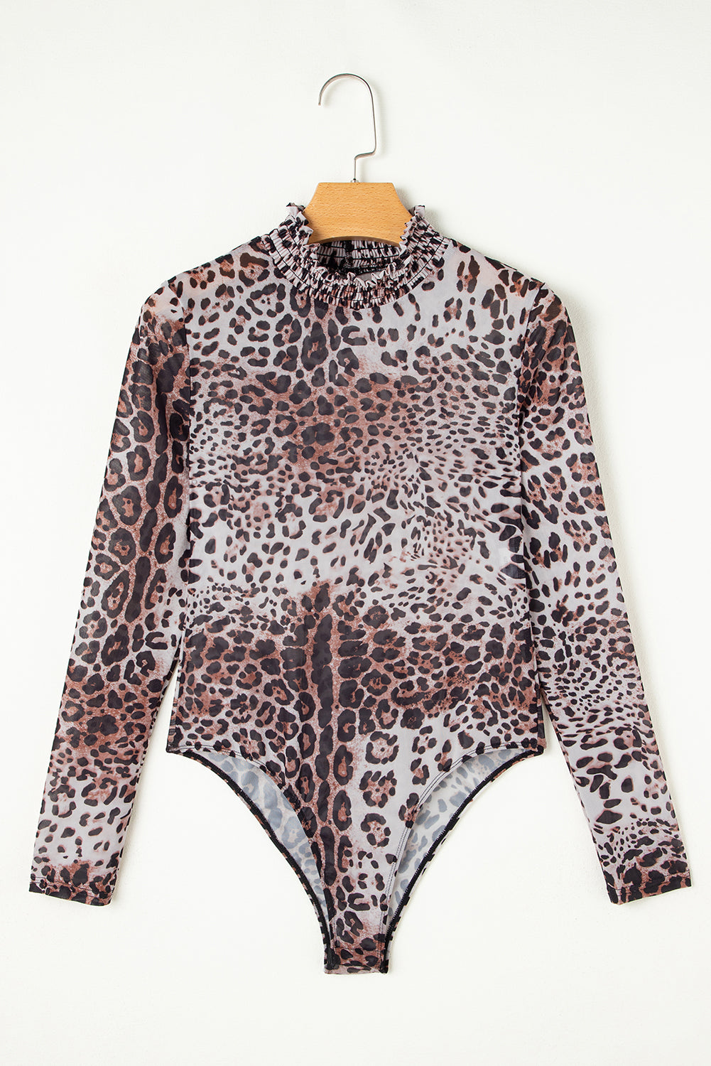 Brown Allover Leopard Print Smocked Neck Mesh Bodysuit