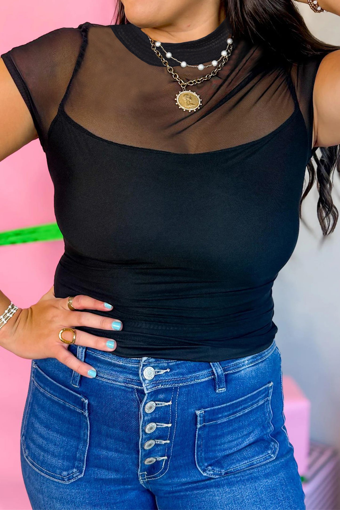 Jenna Sheer Mesh Contrast Cap Sleeve Top