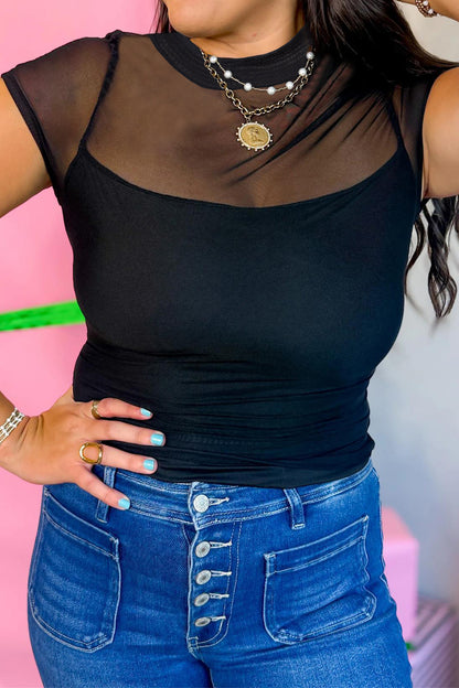 Jenna Sheer Mesh Contrast Cap Sleeve Top