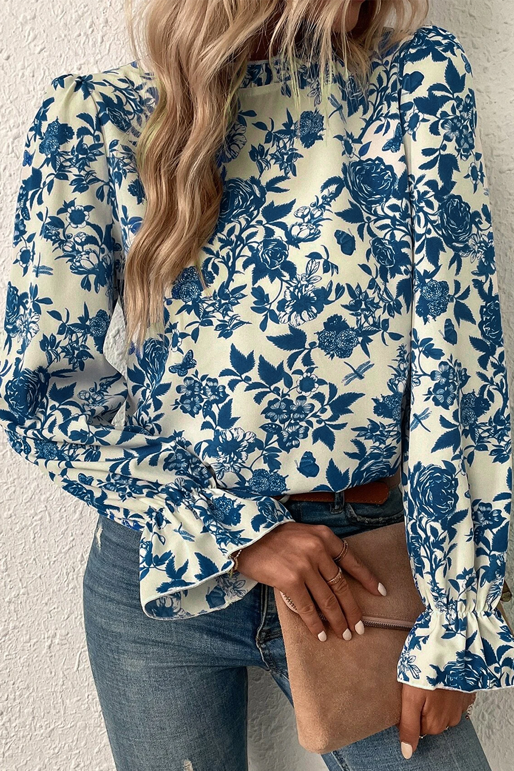 Floral Print Flounce Sleeve Keyhole Back Blouse