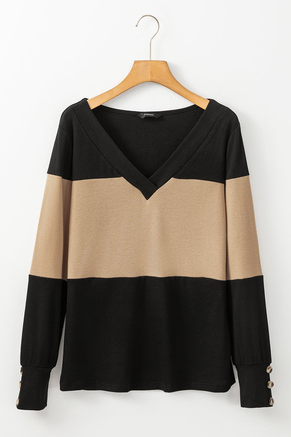 Parchment Colorblock Button Cuff Long Sleeve V Neck Top