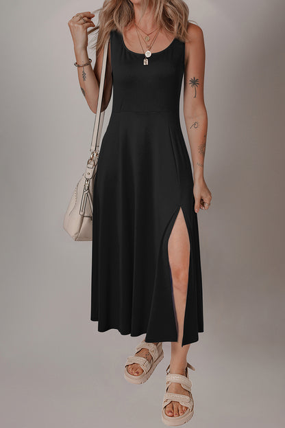 Seasonless Solid Slit Midi Dress