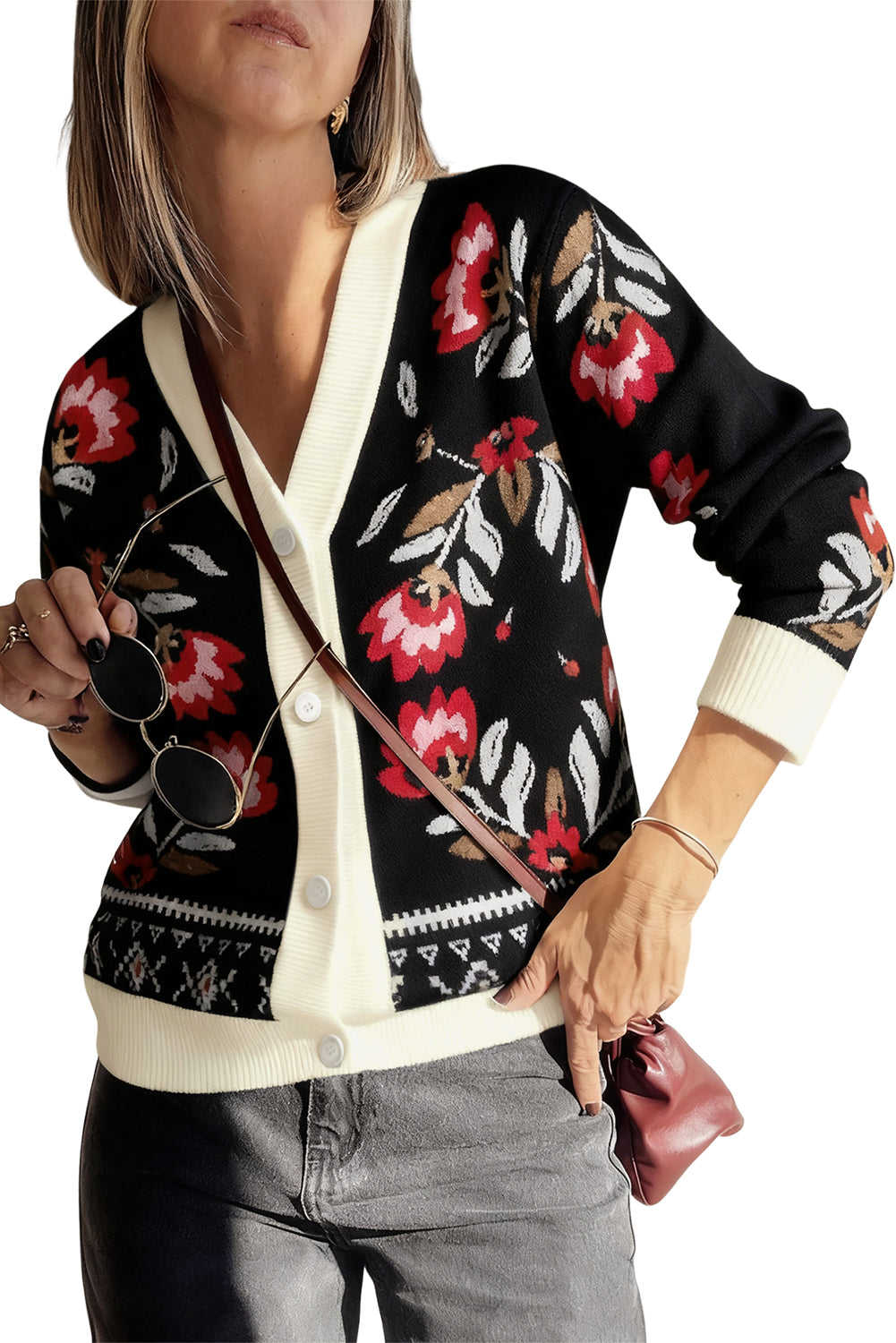 Vera Floral Print Contrast Trim Cardigan