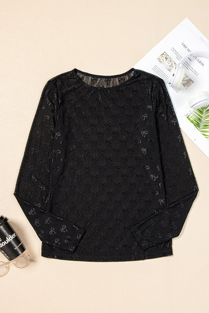 Ribbon Pattern Long Sleeve Slim Fit Mesh Top