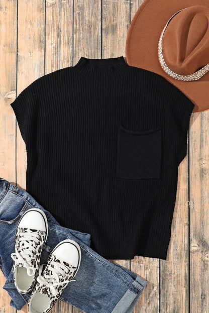 Front Patch Pocket Ribbed Knit Short Sleeve Sweater