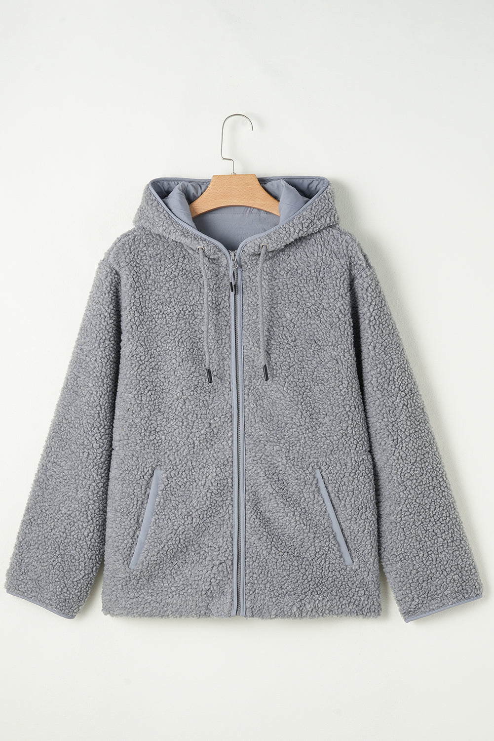 Teddy Fleece Zip Up Drawstring Hooded Jacket