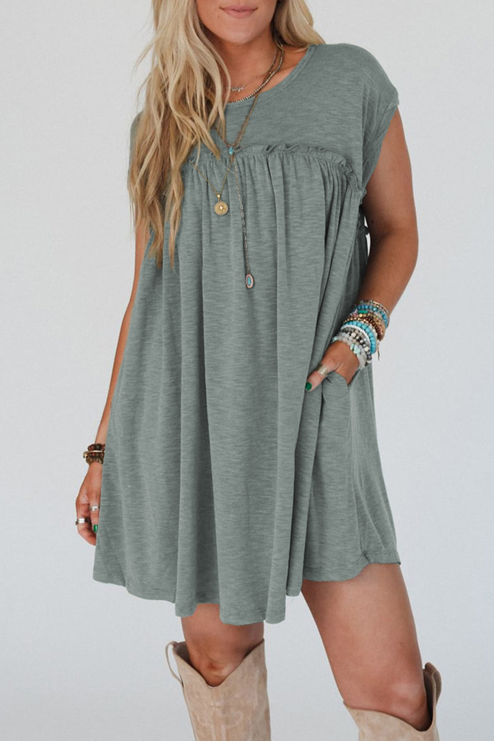 Sage Cap Sleeve Shirt Dress