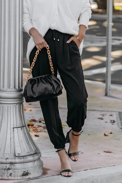 Black Solid Color Drawstring Smocked Waist Joggers