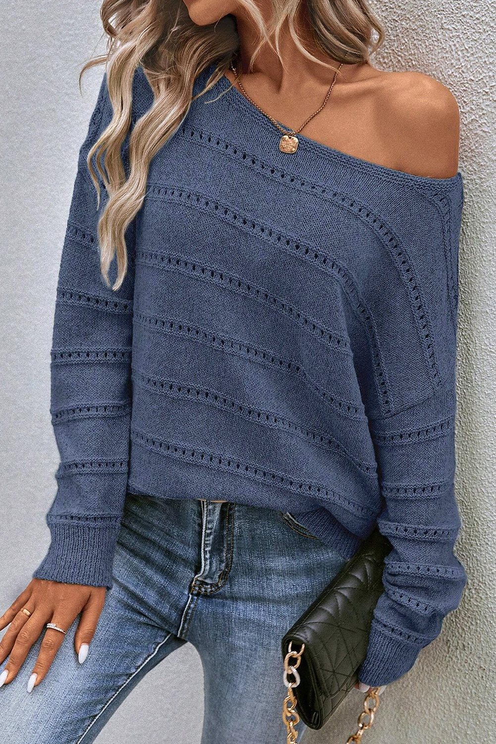 Gia Navy Boat Neck Pointelle Knit Sweater