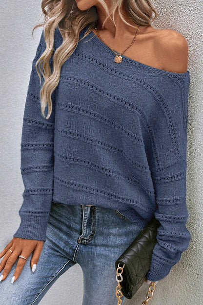 Gia Navy Boat Neck Pointelle Knit Sweater