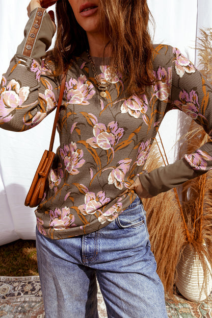 Filomena Floral Print Waffle Knit Long Sleeve Top