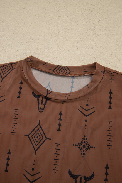Western Nights Printed Mesh Long Sleeve Top
