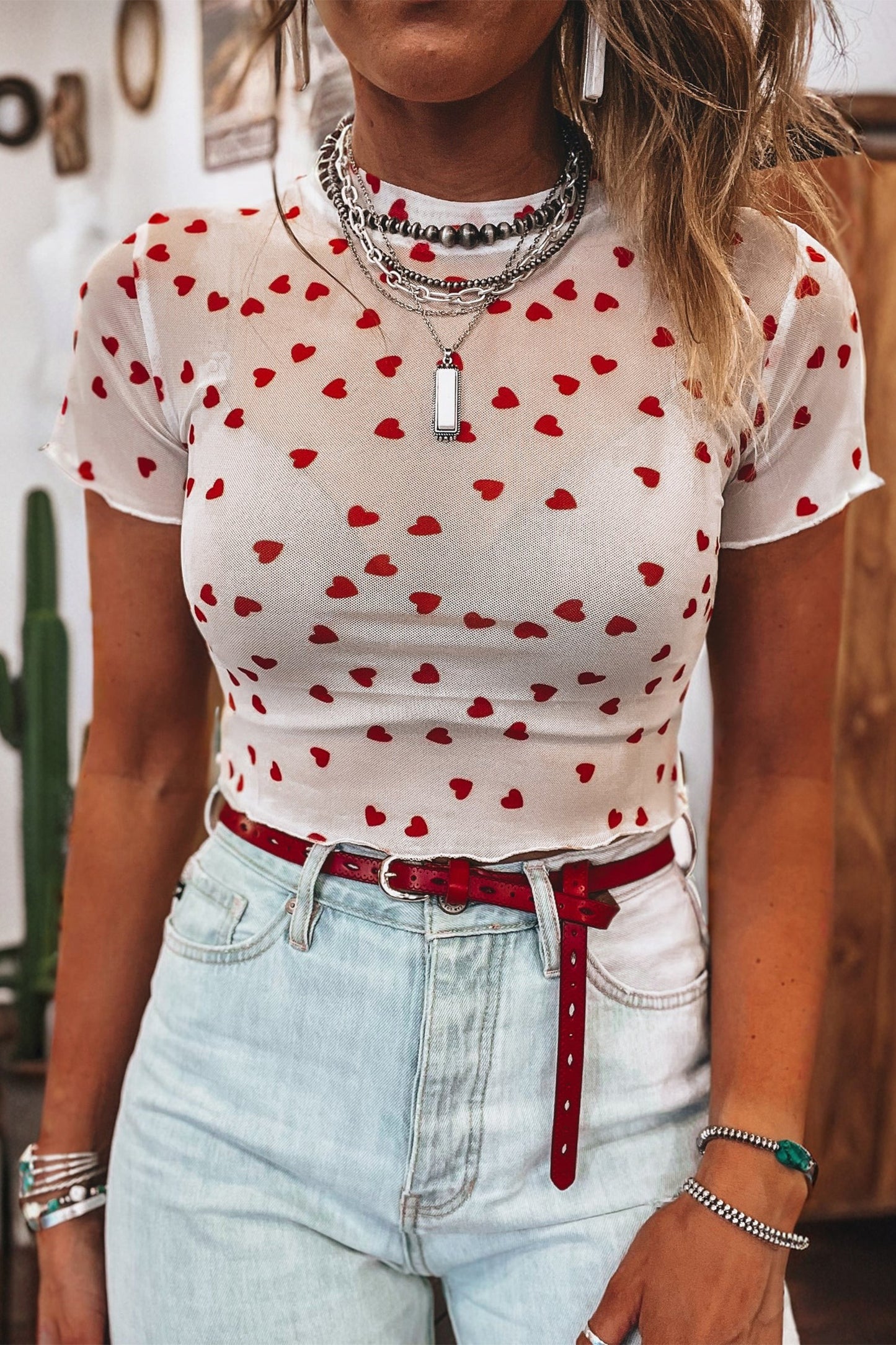 Lovely Heart Print Mesh Short Sleeve Top
