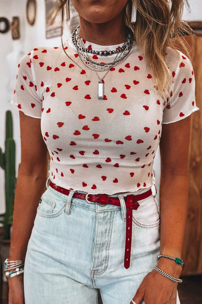 Lovely Heart Print Mesh Short Sleeve Top