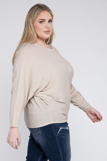 Curvy Ribbed Batwing Long Sleeve Boat Neck Sweater