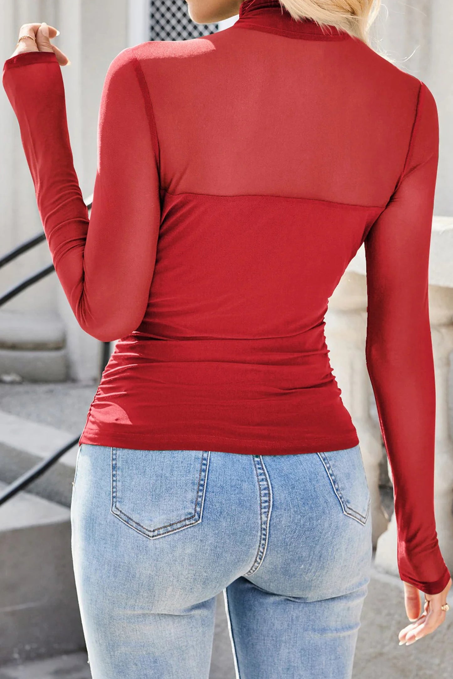 Influencer Mesh Sleeve Mock Neck Top