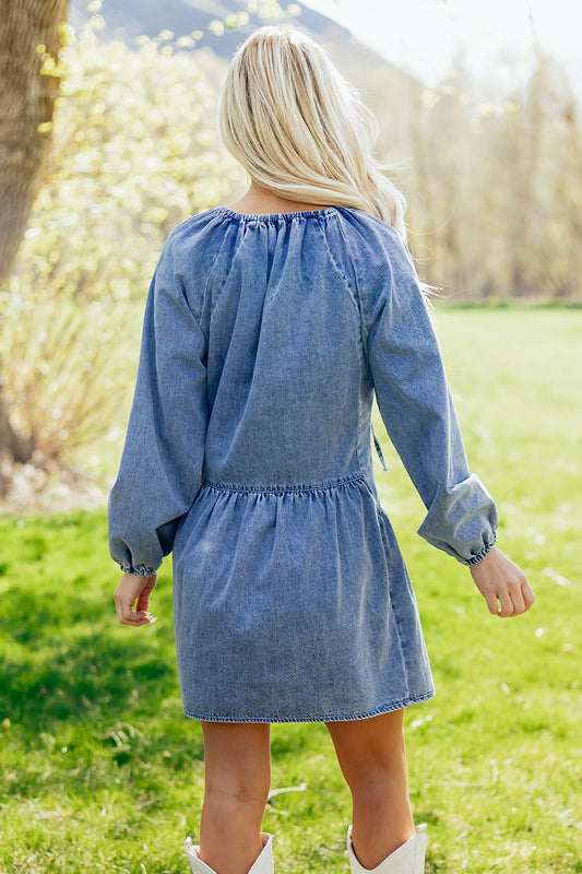 Andrea Front Tie Denim Long Sleeve Dress