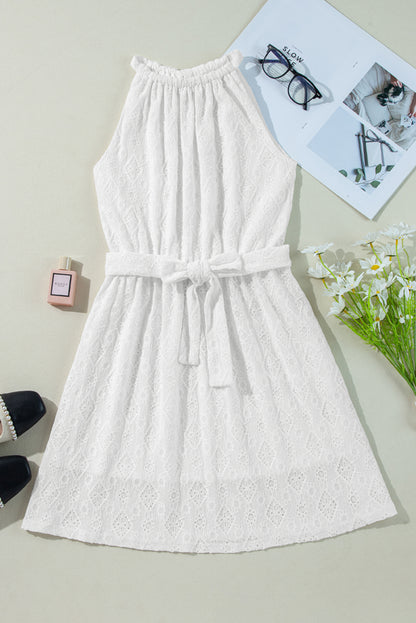 Evelyne Eyelet Halter Tie Waist Mini Dress