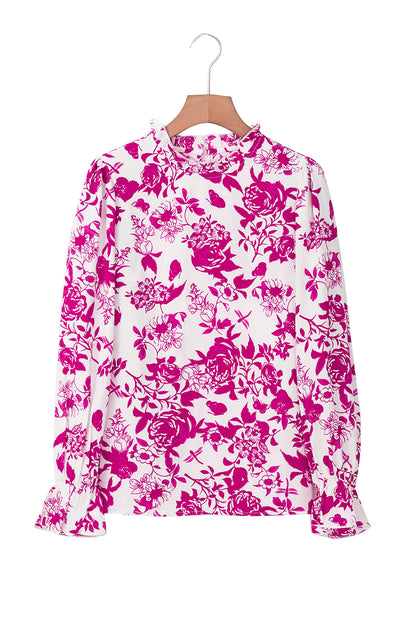 Floral Print Flounce Sleeve Keyhole Back Blouse