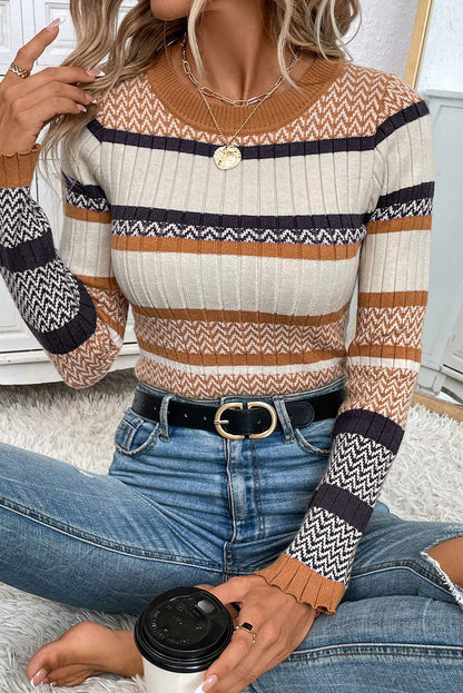 Amber Chevron Striped Ribbed Knit Slim Sweater