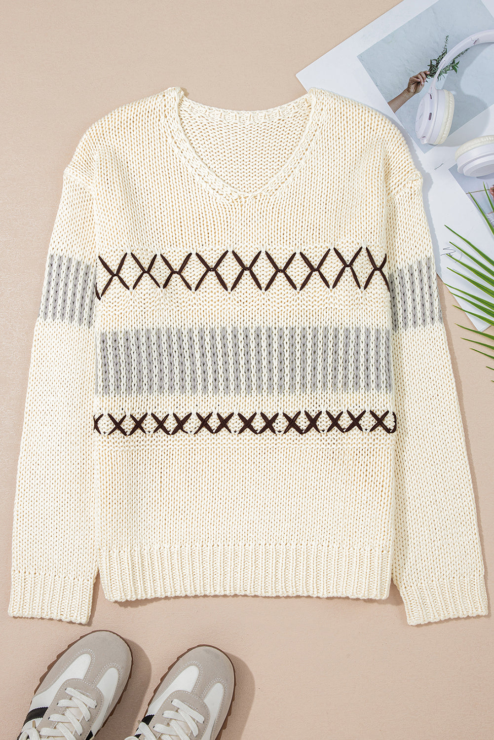 Geo Stitching Oatmeal Loose Knit Sweater