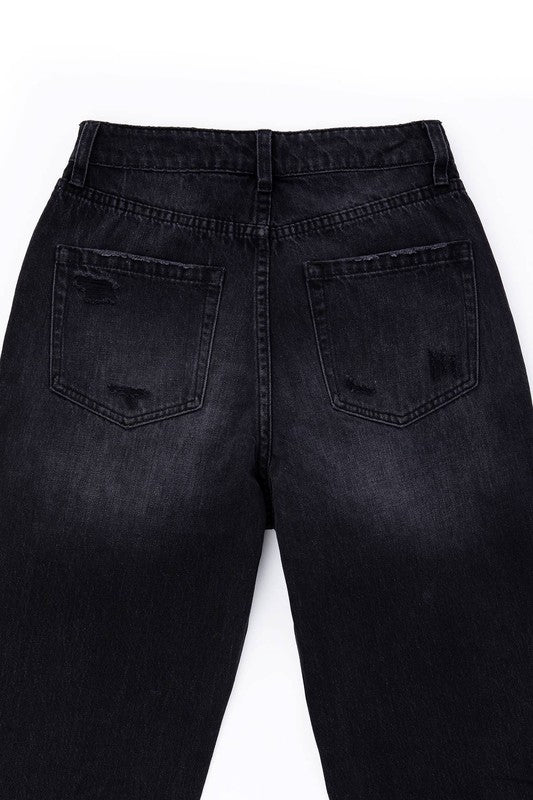 Black Distressed Straight Denim