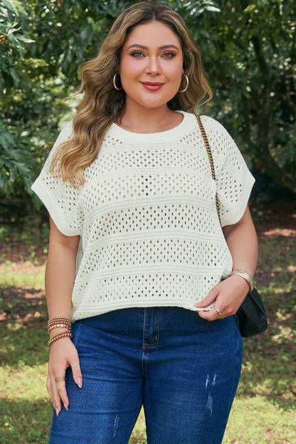 Curvy Justina Eyelet Knit Short Sleeve Top