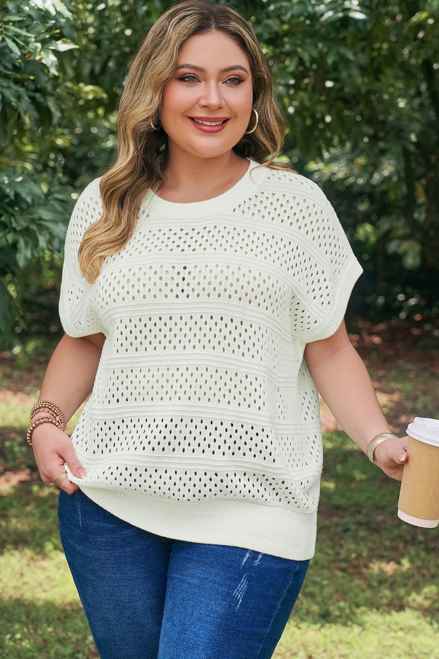 Curvy Justina Eyelet Knit Short Sleeve Top