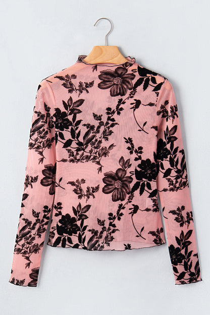Vintage Floral Velour Accent Mesh Blouse