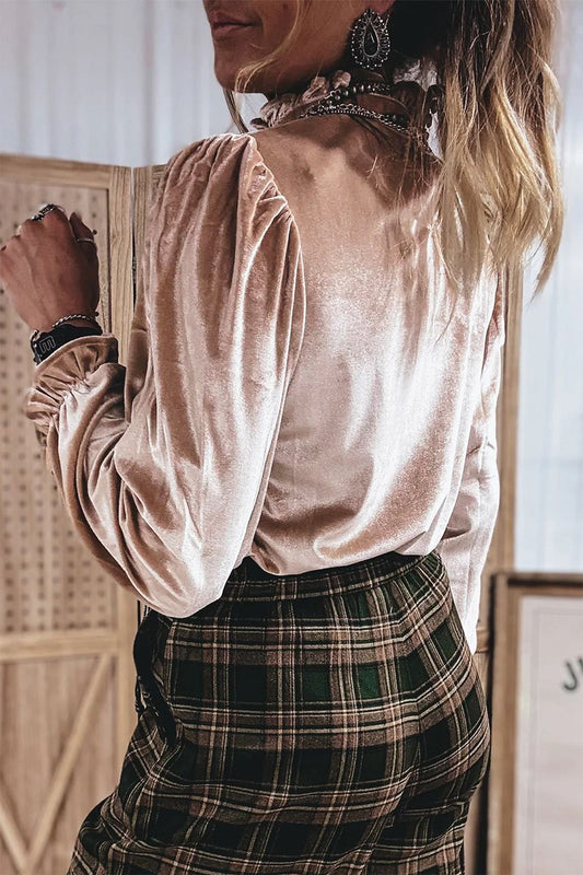Miranda Frill Trim High Neck Velvet Top