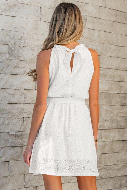 Evelyne Eyelet Halter Tie Waist Mini Dress