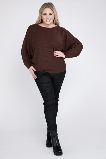 Curvy Ribbed Batwing Long Sleeve Boat Neck Sweater