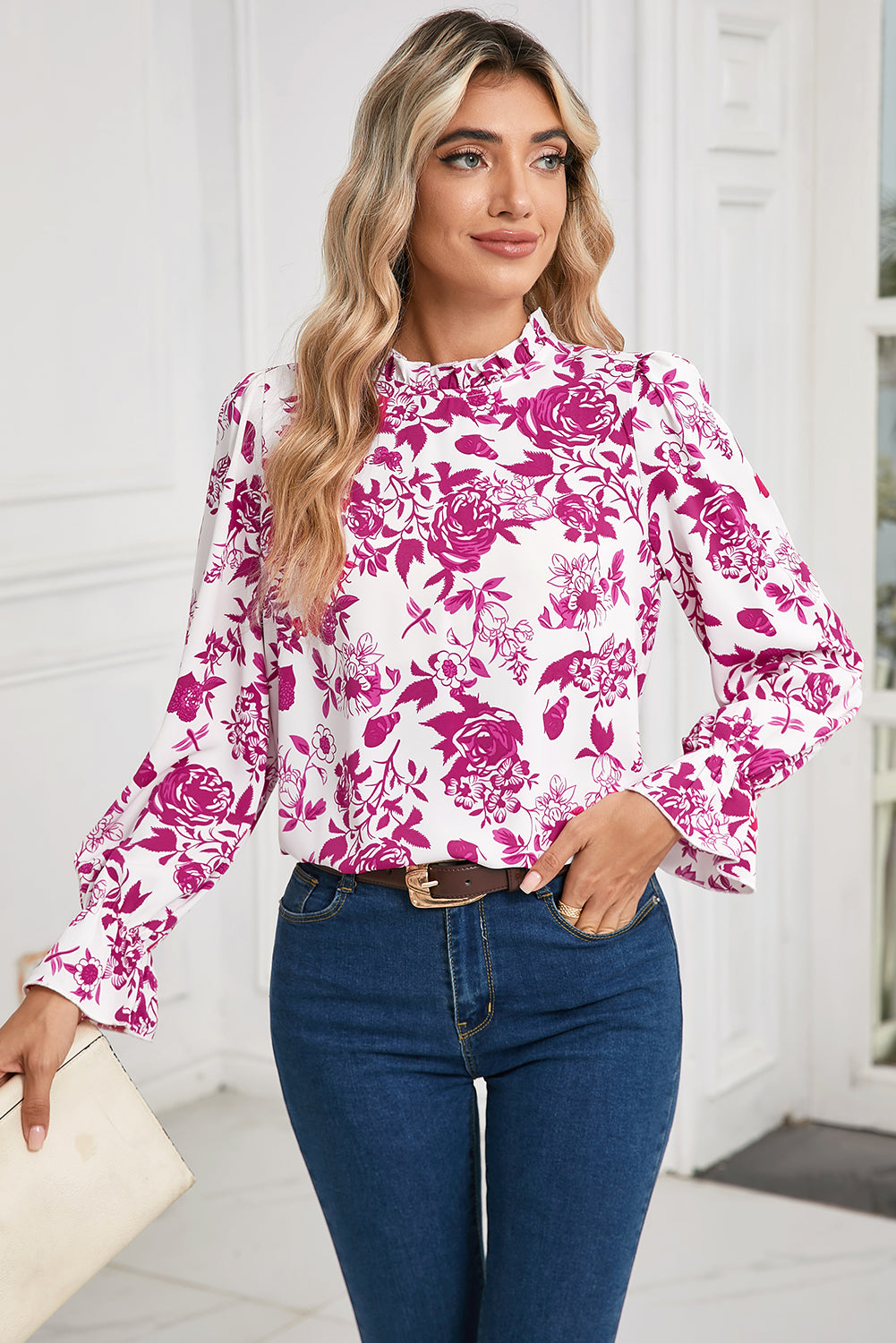 Floral Print Flounce Sleeve Keyhole Back Blouse