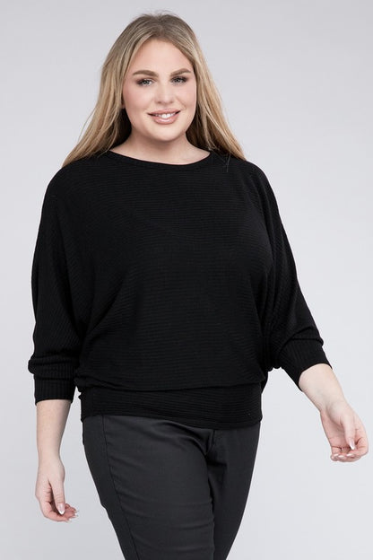 Curvy Ribbed Batwing Long Sleeve Boat Neck Sweater