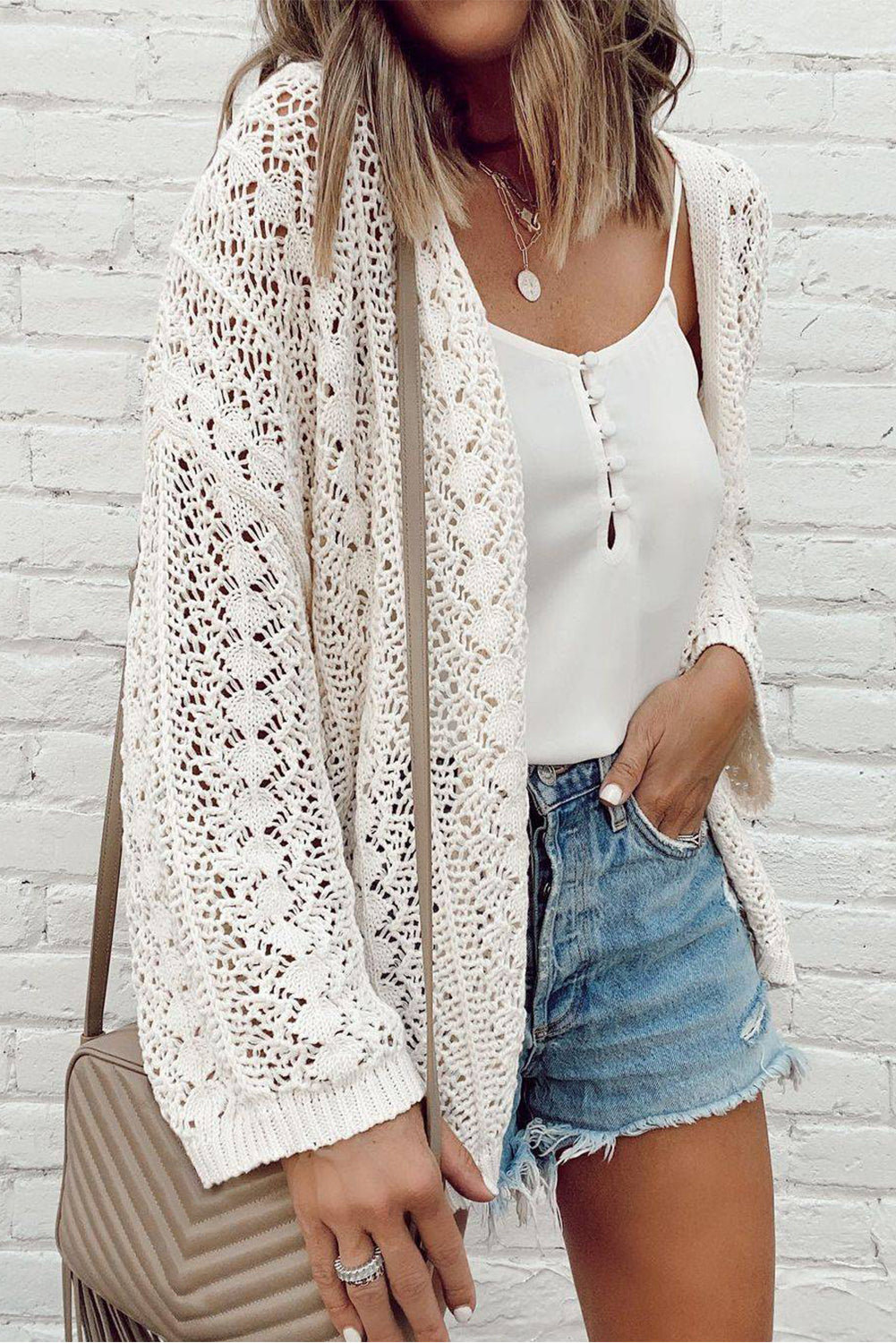 Crochet Knit Drop Shoulder Open Cardigan