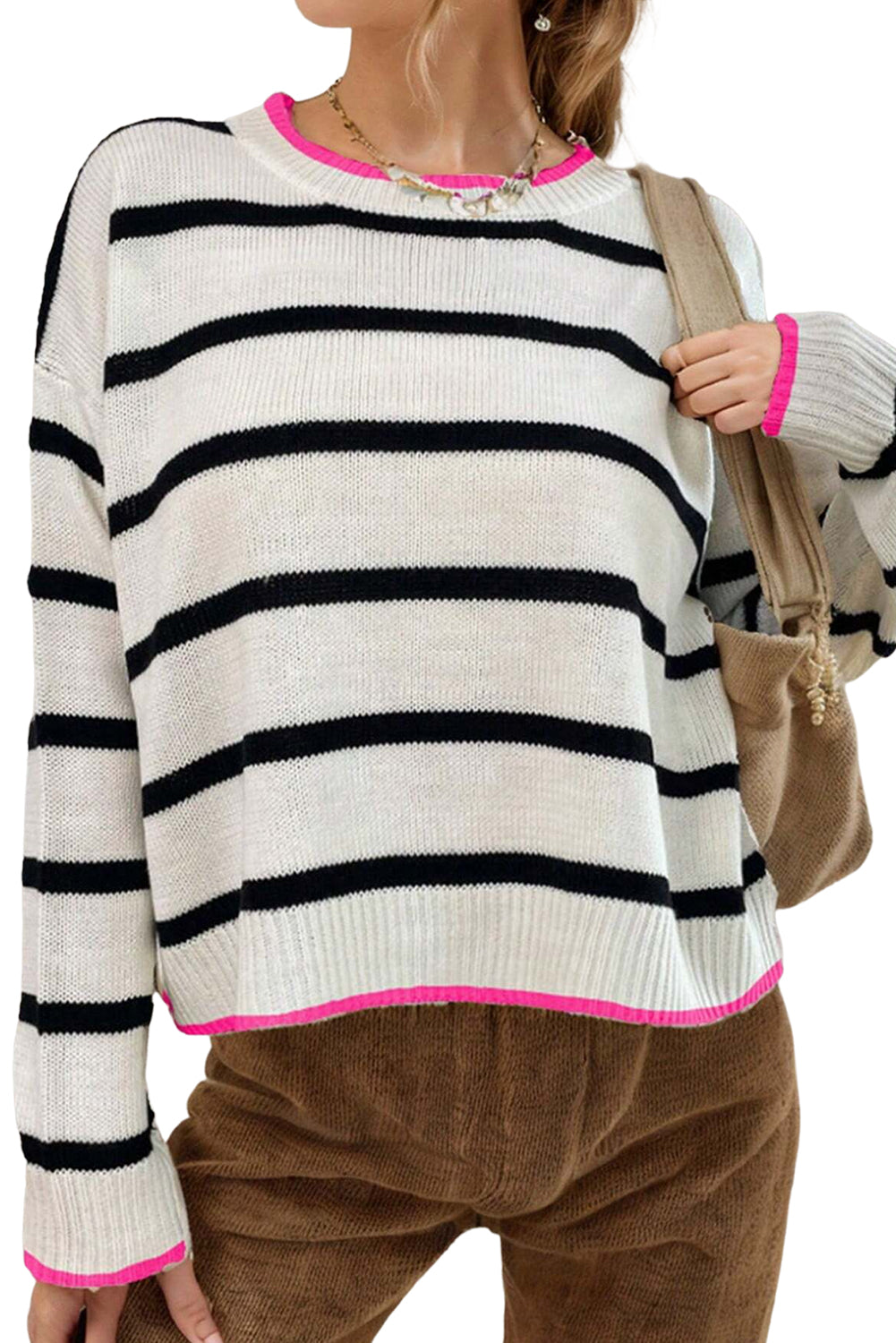 Roni Striped Contrast Trim Drop Shoulder Sweater