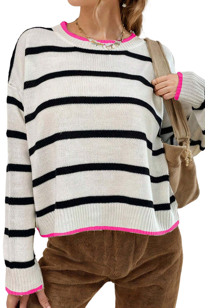 Roni Striped Contrast Trim Drop Shoulder Sweater